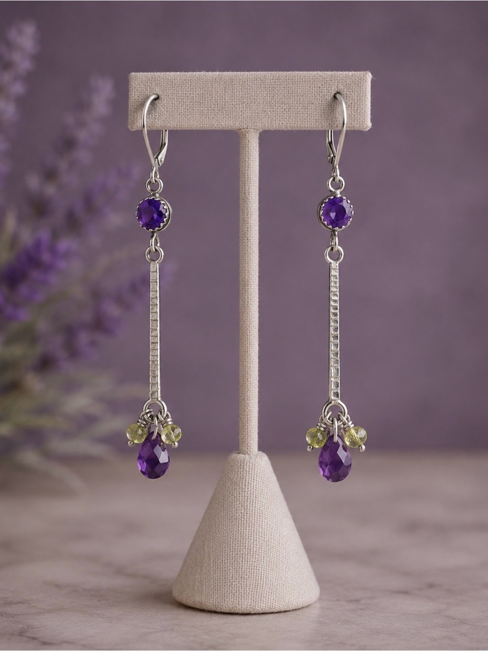 Earrings 925 Sterling Silver Dangle Amethyst Peridot Gemstones